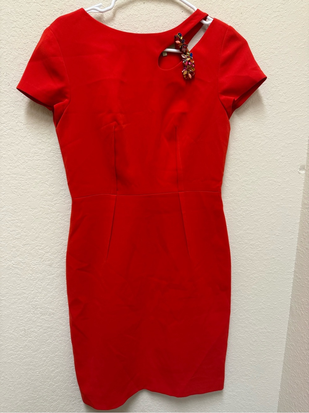 Ports 1961 Red Midi Sheath Dress with Embellished Neck Detail